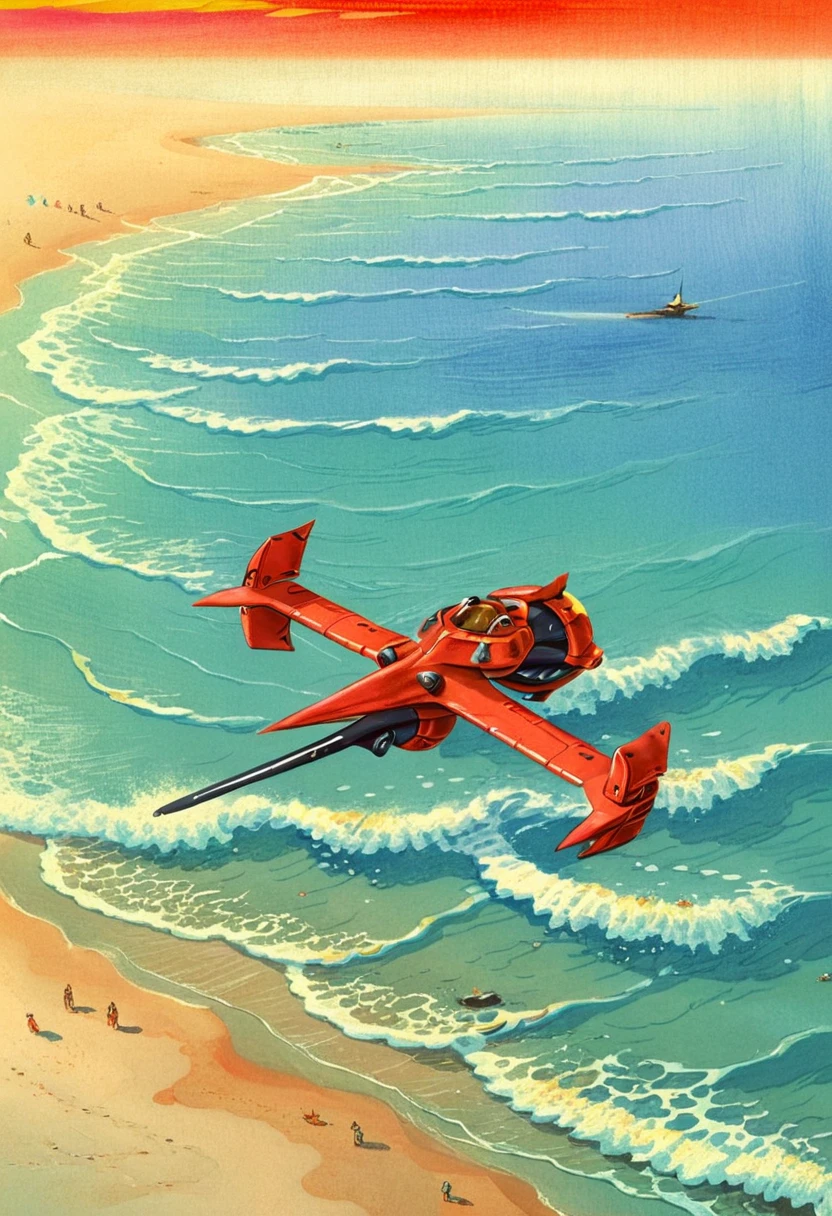 7-swordfish flying over beach, sunset gradient, pastel colours, red spaceship, painting, anime, retro art style  [ high quality photo, 4k, hd, 7-etherealprints]