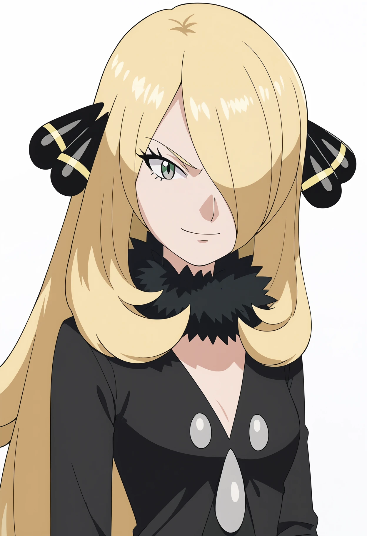 score_9, score_8_up, score_7_up, anime screencap, BREAK
1girl,  cynthia \(pokemon\), blonde hair, hair over one eye, very long hair, grey eyes, eyelashes, hair ornament,
black coat, black shirt, fur-trimmed coat, fur collar, long sleeves,
smirk, upper body, looking at viewer, solo, simple background, white background     <lora:CynthiaXL:1>