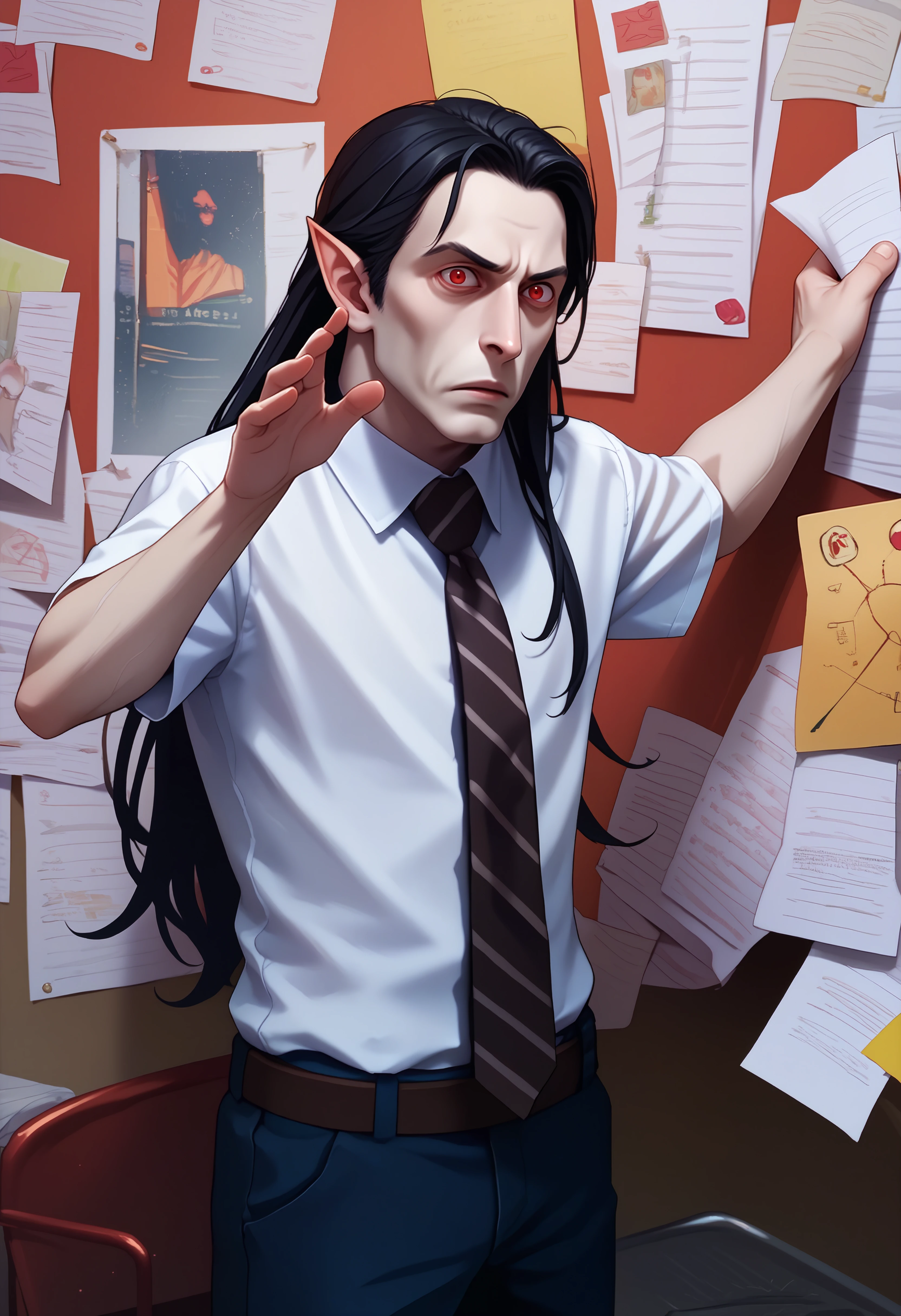 score_9, score_8_up, score_7_up BREAK solo, 1boy,  strahd, colored skin, pale skin, pointy ears, long hair, black hair, red eyes, PepeSilviaMeme, paper, hand against wall, white shirt, short sleeves, striped tie  <lora:clamStrahdPDXL_v20:1> <lora:PepeSilviaMeme_pdxl_Incrs_v1:1>