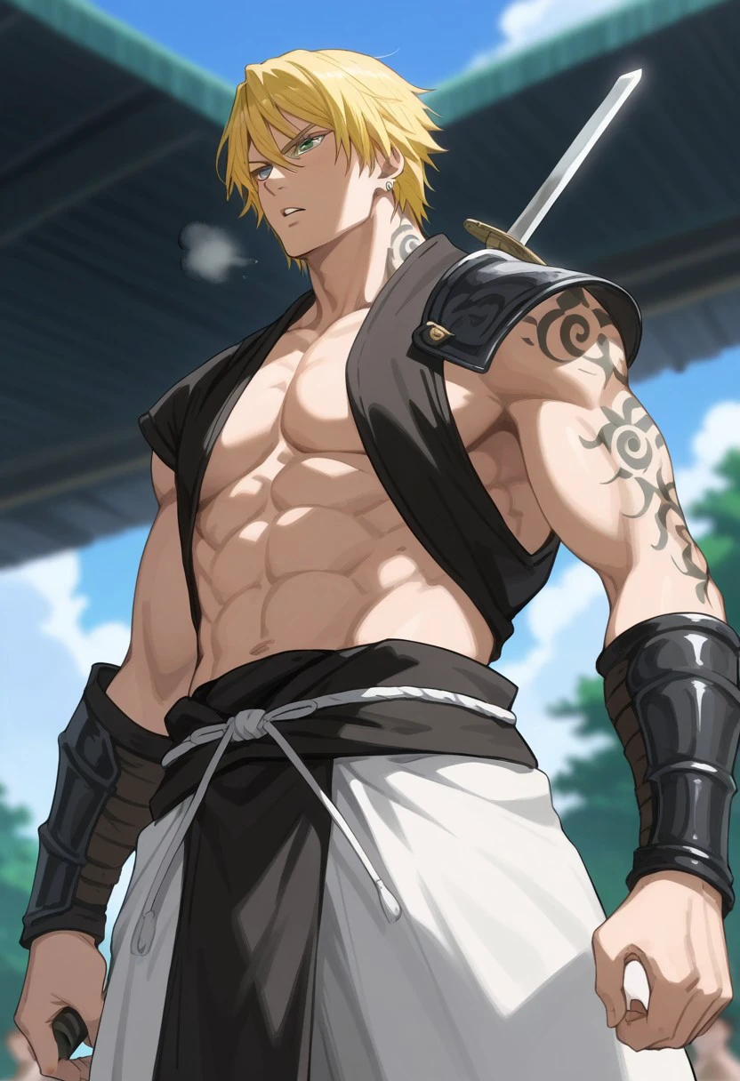 score_9, score_8_up, score_7_up, source_anime, rating_explicit, holding sword, NashKB, (yellow Nash hair), green Nash eyes, black Nash arm tattoo, grey Nash ear earrings, 1boy, male focus, anime screencap, robe, abs, shoulder armor, waist cloth, high fantasy samurai, parted lips, serious, heavy breathing, looking at another, cropped legs, hands with five fingers, from below, blurry outdoors, solo focus, realistic shading,