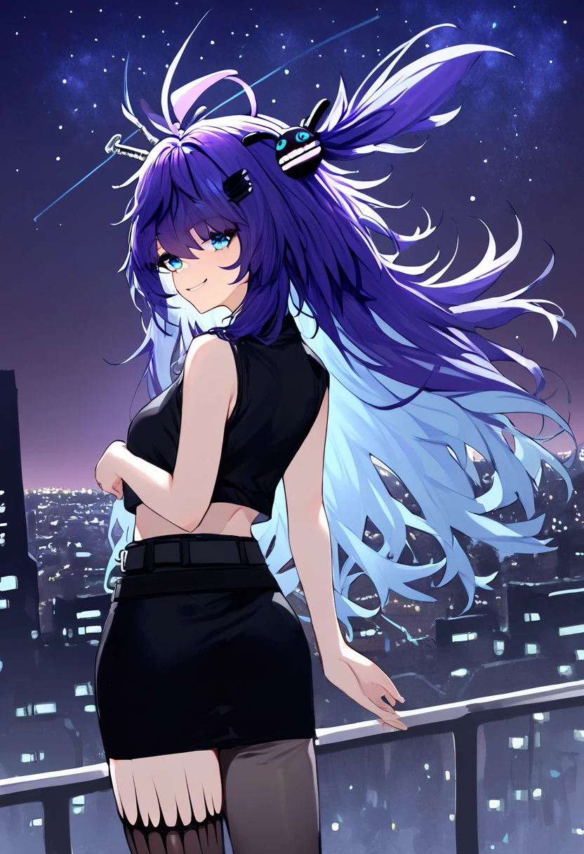 1girl, solo, highres, Dr.NOVA(e), long hair, purple hair, hair ornament, blue eyes, blue hair, antenna hair, bangs, gradient hair, ahoge, messy hair,
black skirt, black shirt, midriff, belt, crop top, sleeveless,
pantyhose, thighhighs, asymmetrical legwear,
smile, floating hair, wind, from behind, looking back, arms behind back,
night, starry sky, rooftop, cityscape, neon light, backlighting,