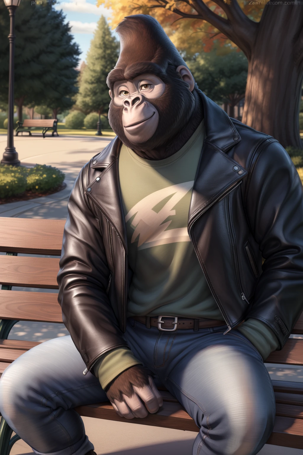 <lora:johnny-09:1>, johnny, muscular, solo, looking at viewer, (posing:1.3), pinup, (soft shading), 4k, hi res, ((detailed face, detailed)), by zackarry911, by zaush, (by personalami:0.5), smile, leather jacket, shirt, jeans, sitting, park, bench, gorilla,