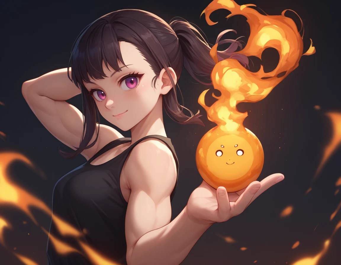 <lora:Maki Oze:1>, maki oze, 1girl, solo, side view, toned arms, black sleeveless shirt, one arm behind head,  looking at viewer, smile, closed mouth, blush, dark background, floating fire balls <lora:add-detail-xl:1>, score_9, score_8_up, score_7_up, source_anime,