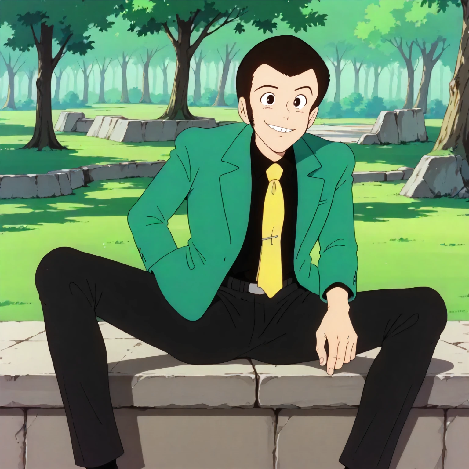 <lora:TCoC_LupinXLpony001>,
outdoors,nature,
looking at viewer,smile,
solo,
Lupin,1boy,black hair,short hair,black eyes,
green jacket,black shirt,yellow tie,open jacket,
black pants,
sitting,