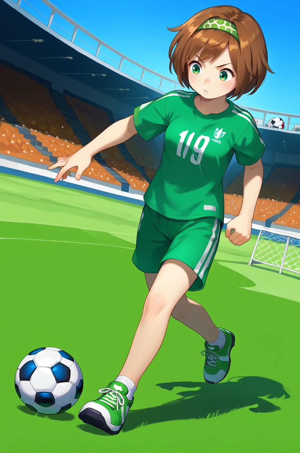 score_9, score_8_up, score_7_up, BREAK sunshangxiang, 1girl, solo, brown hair, green eyes,short hair, swept bangs, full body, soccer, soccer ball,kicking ball, green t-shirt, green shorts, soccer field,running, focused, dutch angle,  looking down, looking at object, green headband, day,ball on ground  <lora:SunShangXiangPony:1>