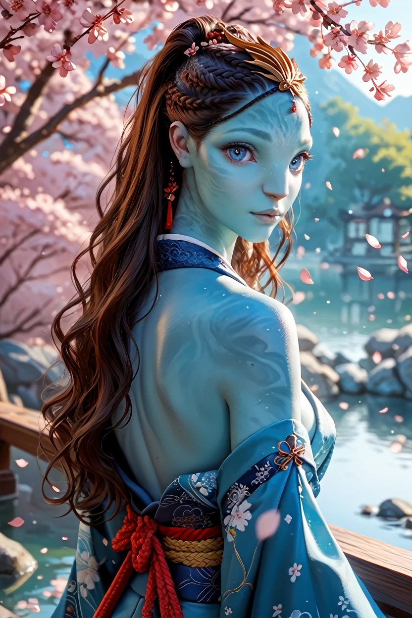 score_9, score_8_up, score_7_up, score_6_up
<lora:AvTsireya:1.0>
AvTsireya, 1girl, brown hair, blue skin, blue eyes, long hair, looking at viewer, profile view of a model, traditional Japanese kimono, serene Zen garden, cherry blossoms in the background, soft ambient light