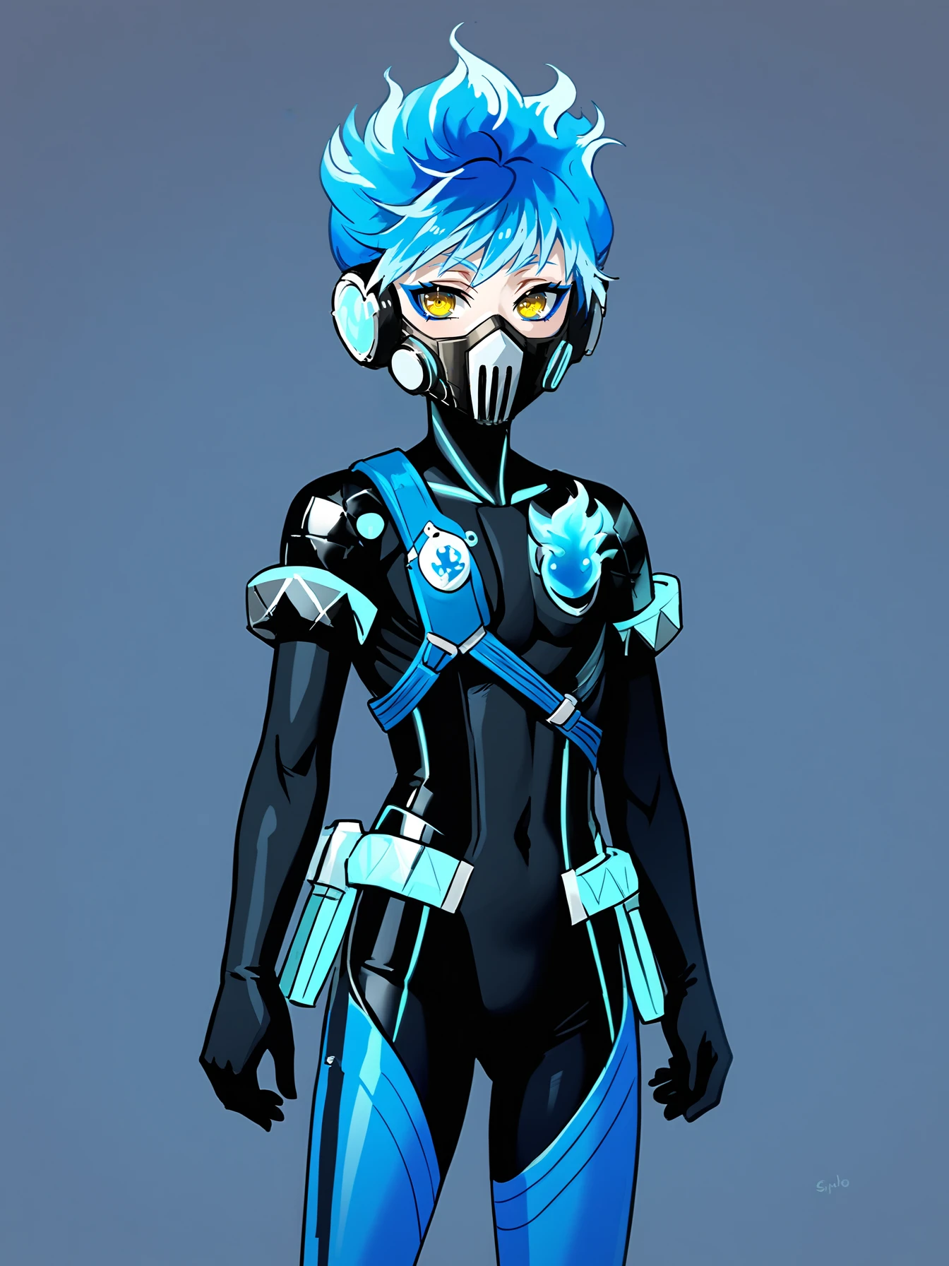 (score 9 up, score 8 up, highest score, highest quality),
 <lora:Disney_Twisted_Wonderland_-__Ortho_Shroud_Character_PonyXL:1> Ortho_Shroud, mask, bodysuit, blue hair,  femboy, standing, looking at viewer,