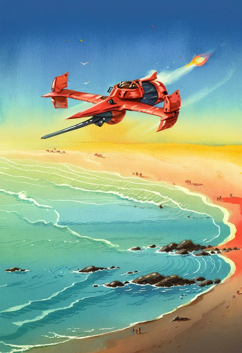 7-swordfish flying over beach, sunset gradient, pastel colours, red spaceship, painting, anime, retro art style  [ high quality photo, 4k, hd, 7-etherealprints]