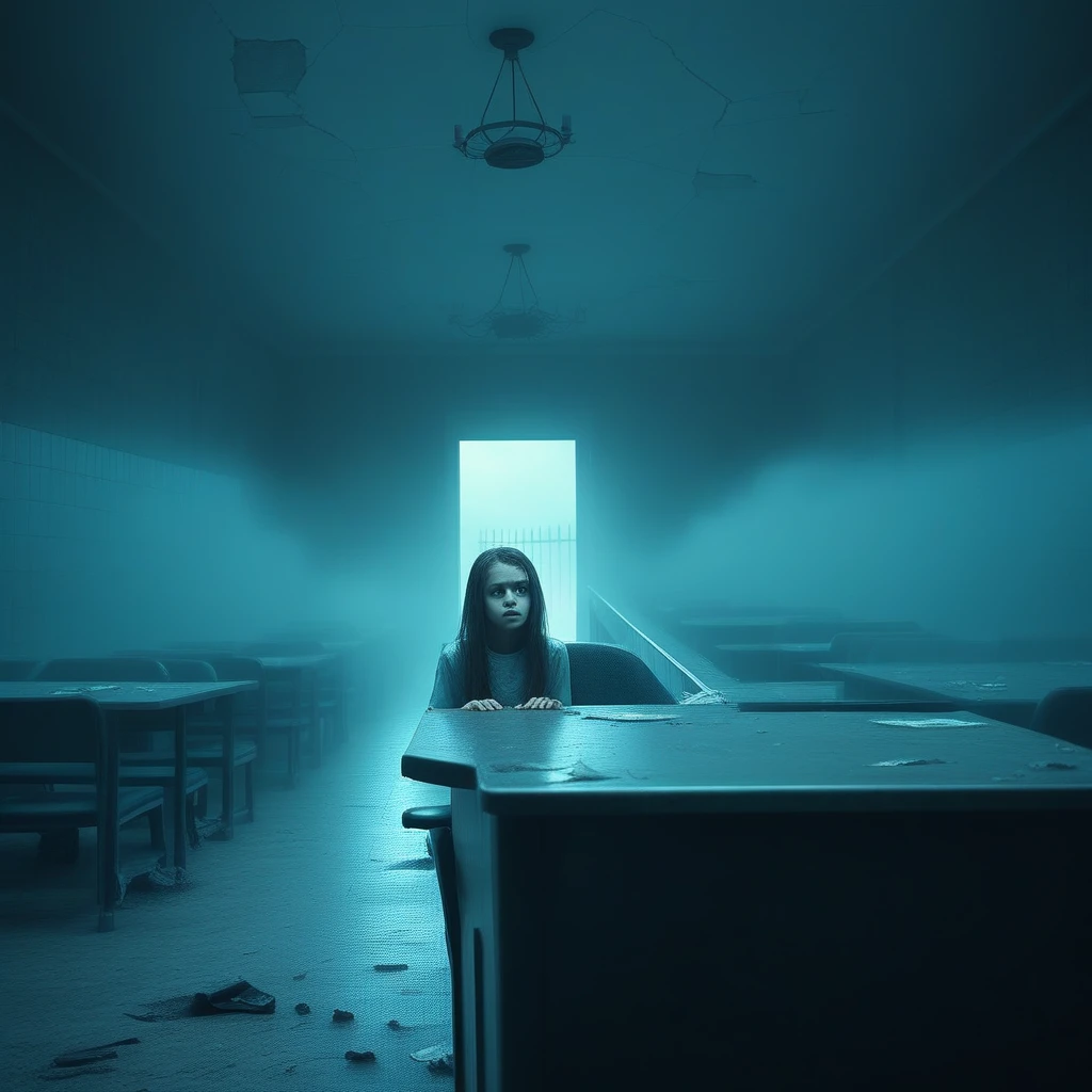 horror (theme), indoors, vehicle focus, ominous, scenery, monitor, pillar, faucet, haunted, english text, 1girl, door, cabinet, ceiling, school, motor vehicle, chilling, classroom, cloudy sky, chair, bathroom, broken glass, railing, outdoors, cloud