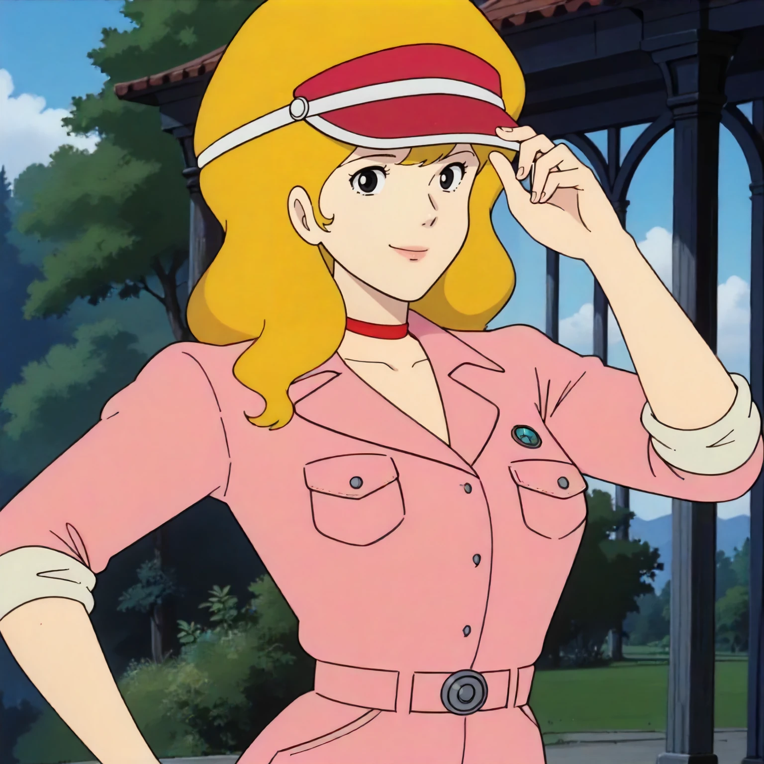 <lora:TCoC_FujikoMineXLpony001>,
outdoors,nature,
looking at viewer,smile,
solo,
FujikoMine,1girl,blonde hair,long hair,black eyes,
visor cap,
red choker,
pink jumpsuit,breast_pocket,sleeves rolled up,
standing,