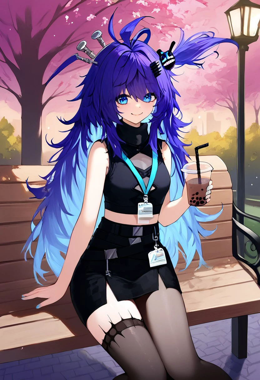 1girl, solo, highres, Dr.NOVA(e), long hair, purple hair, hair ornament, blue eyes, blue hair, antenna hair, bangs, gradient hair, ahoge, messy hair,
black skirt, black shirt, midriff, id card, belt, crop top, clothing cutout, sleeveless,
pantyhose, thighhighs, asymmetrical legwear,
smile, holding cup, boba tea, floating hair, wind,
park, park bench, lamppost, night, sitting, on bench, moonlight,