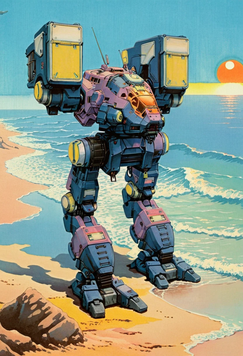 7-catapult standing over beach, sunset gradient, pastel colours, mecha, robot, mssiles, painting, anime, retro art style, sun, japanese magazine cover  [bright colour, elegant artwork, high quality photo, 4k, hd, 7-etherealprints, 7-evangelion]