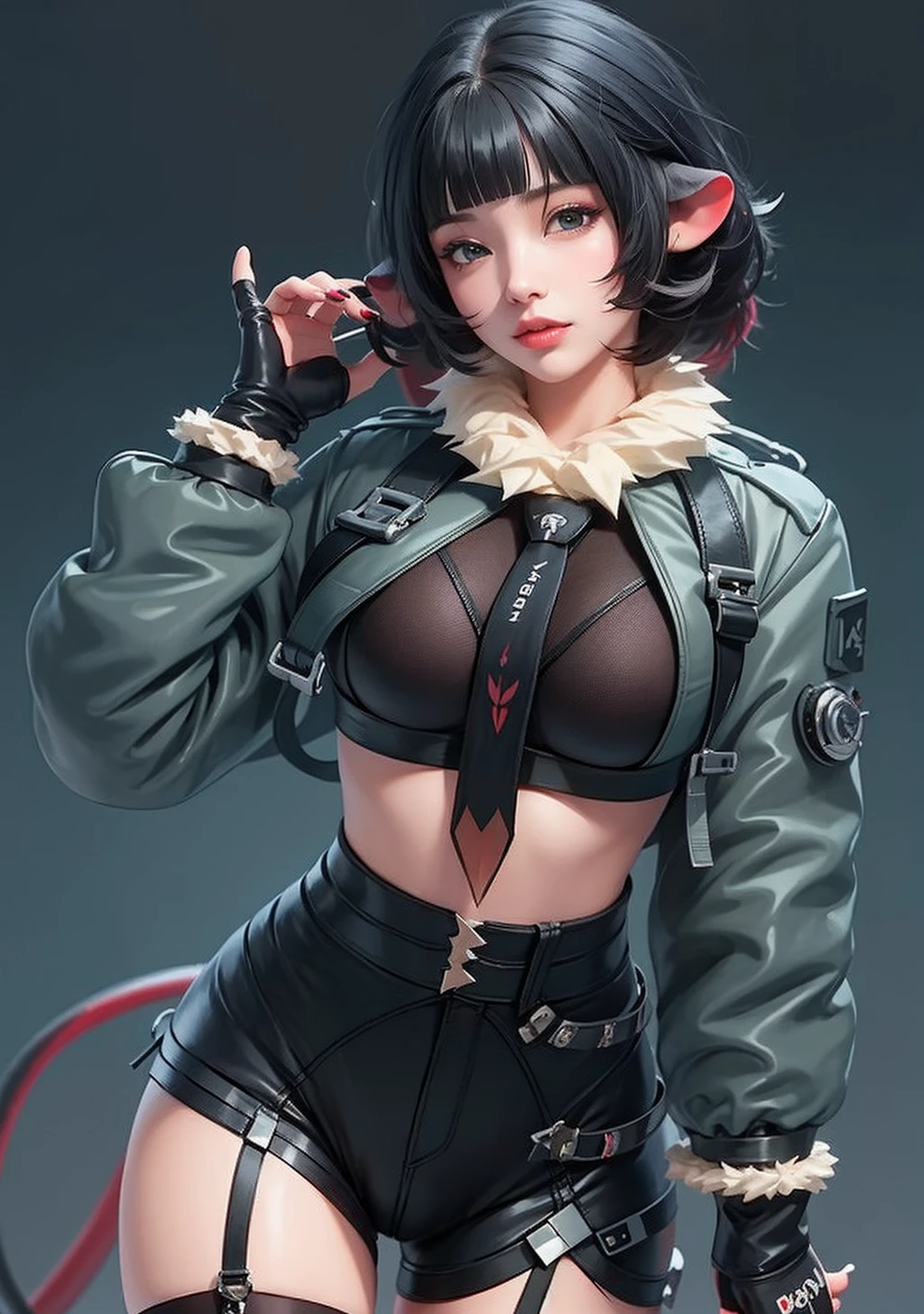 <lora:Jane_Doe:1> 1girl, solo, black hair, breasts, tail, animal ears, short hair, multicolored hair, black shorts, black gloves, fur trim, fingerless gloves, torn clothes, jacket, shorts, tie