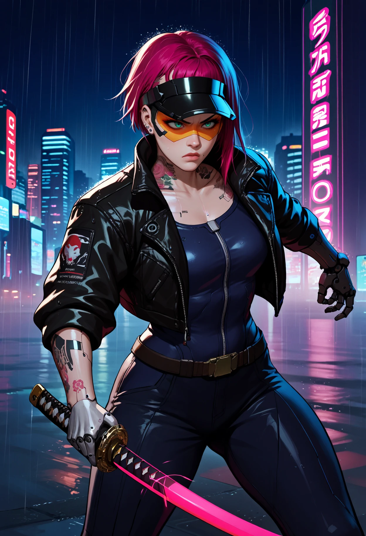 score_9, score_8_up,score_7_up, source_anime, 1girl,
cyberpunk, neon lights, katana, black leather jacket, cybernetic arm, cityscape, rain, night, glowing tattoos, piercings, combat stance, fierce, dystopian, high-tech, futuristic, visor, street fight,