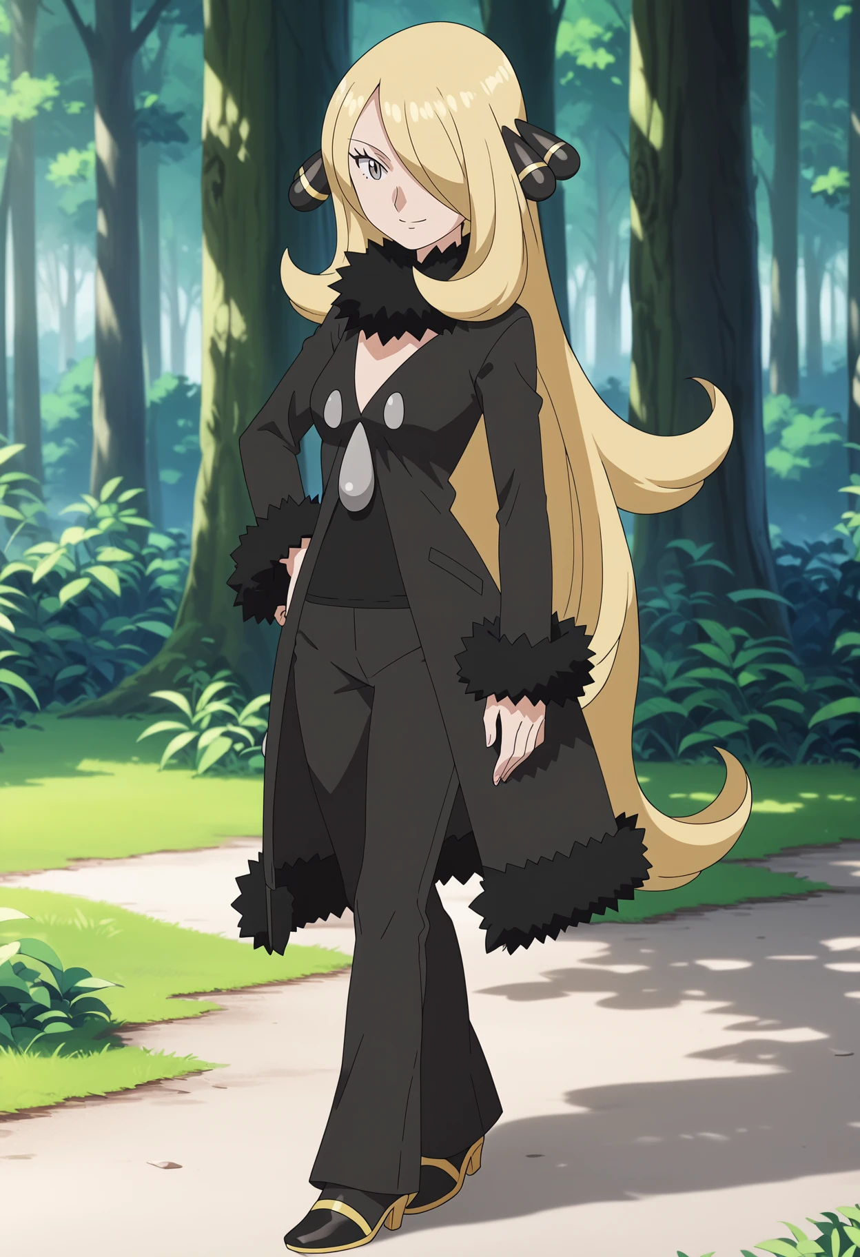 score_9, score_8_up, score_7_up, anime screencap, BREAK
1girl,  cynthia \(pokemon\), blonde hair, hair over one eye, very long hair, grey eyes, eyelashes, hair ornament,
black coat,  fur-trimmed coat, pants, shirt, fur collar, long sleeves, high heels,
standing, hands on hips, solo, full body, smile, looking at viewer, forest background   <lora:CynthiaXL:1>