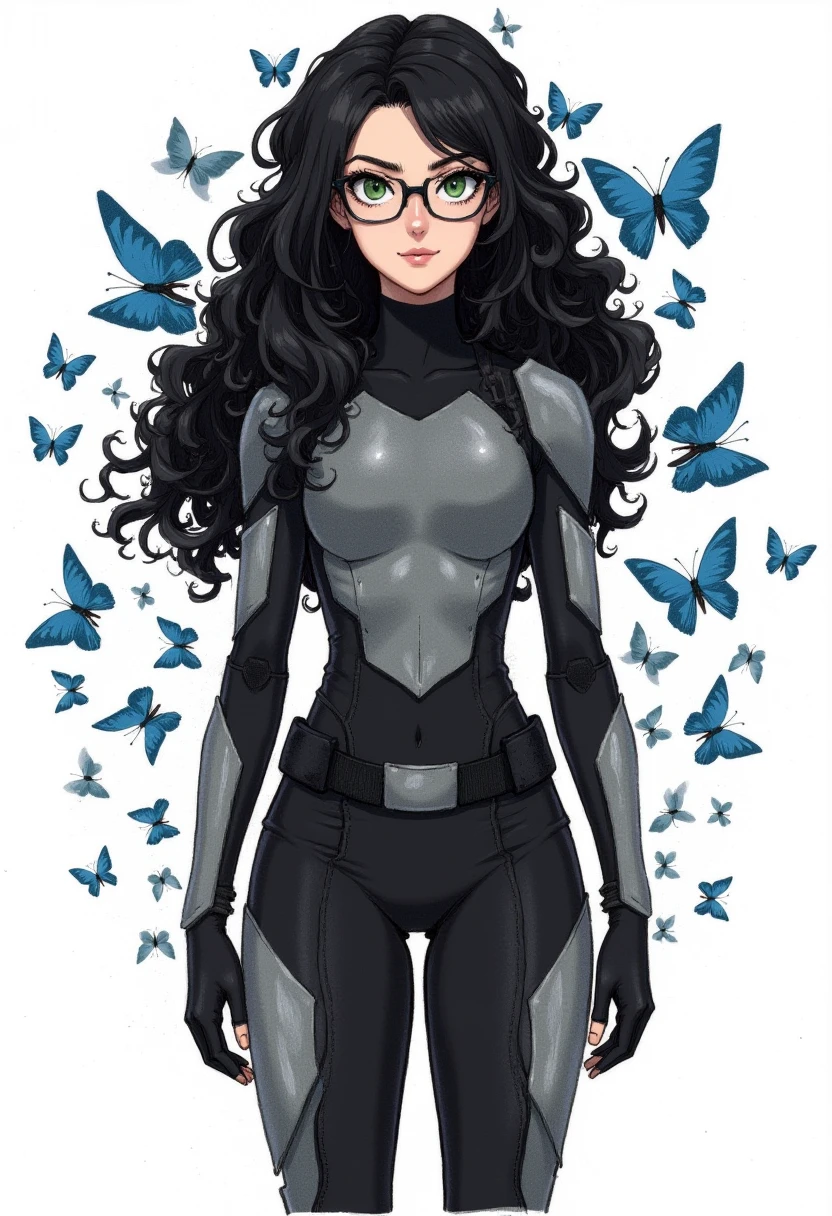 Full body image, Skitter, maskless, green eyes with glasses, hair between eyes. The image is a colored pencil sketch. She is wearing armor bodysuit. Black body suit, with grey armor panels. Small chest. Skitter has long black wavy and curly hair. 

The background is white, with a bug swarm of blue butterflies.