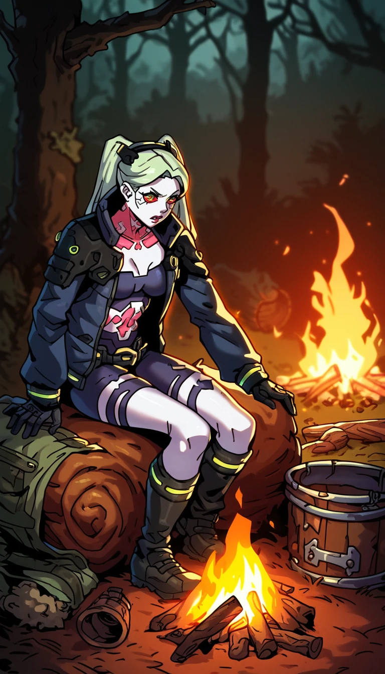 score_9, score_8_up, score_7_up, , multiple character, sitting around a campfire, campfire, camping, full body shot, camp supply, barrel, woods, sitting, wine glass, drunken, drinking, detailed background, wanderer, rogue, blonde hair, blood on clothes, , dark theme, low light, leather clothes,
<lora:Darkest_Dungeon_2_Style (1):0.7> , dd2
 <lora:cyberpunk-rebecca-ponyxl-lora-nochekaiser:0.7> rebecca, long hair, green eyes, green hair, colored skin, colored sclera, white skin, red sclera, artificial eye, mechanical eye, cyborg, red pupils,  stomach tattoo, neck tattoo, || twintails,