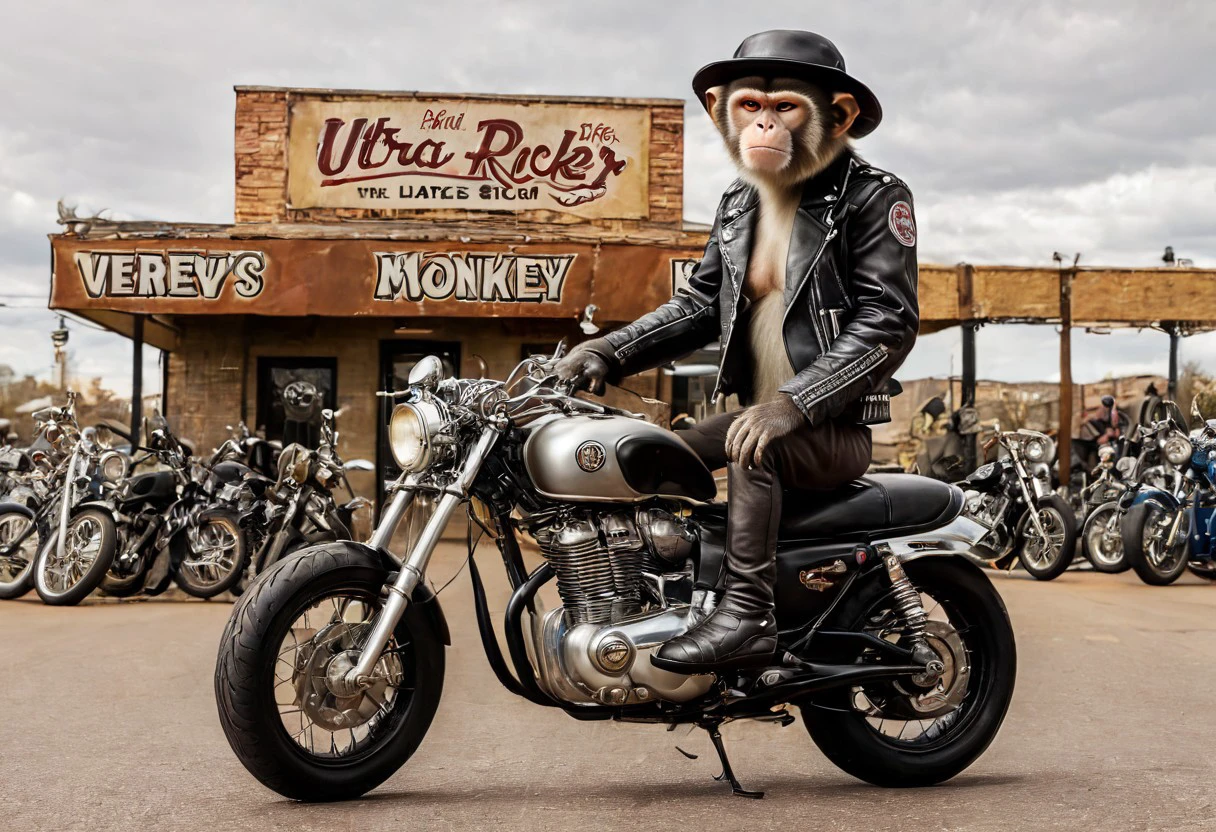 "Vervet monkey", "Ultra realistic with high quality and ultra detail with excellent focus of Vervet monkey, represented as a rocker, rocker leather jacket and rocker leather hat on head, on a harry davidson motorcycle in front of a rocker pub, many other rocker bikes parked on the sides