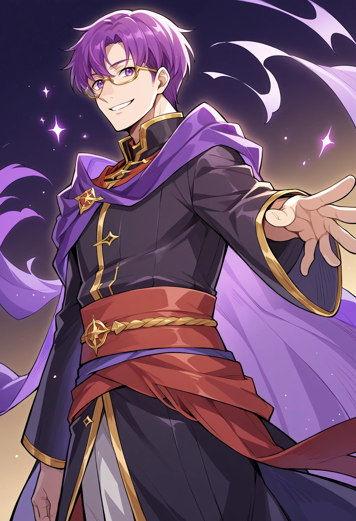 score_9,  score_6_up, source_anime, mlcns,1boy,  black robe, purple cape, purple eyes, purple hair, red sash, gold trim,  closed smile <lora:Canas-pdxl:1>,  bangs, glasses, solo