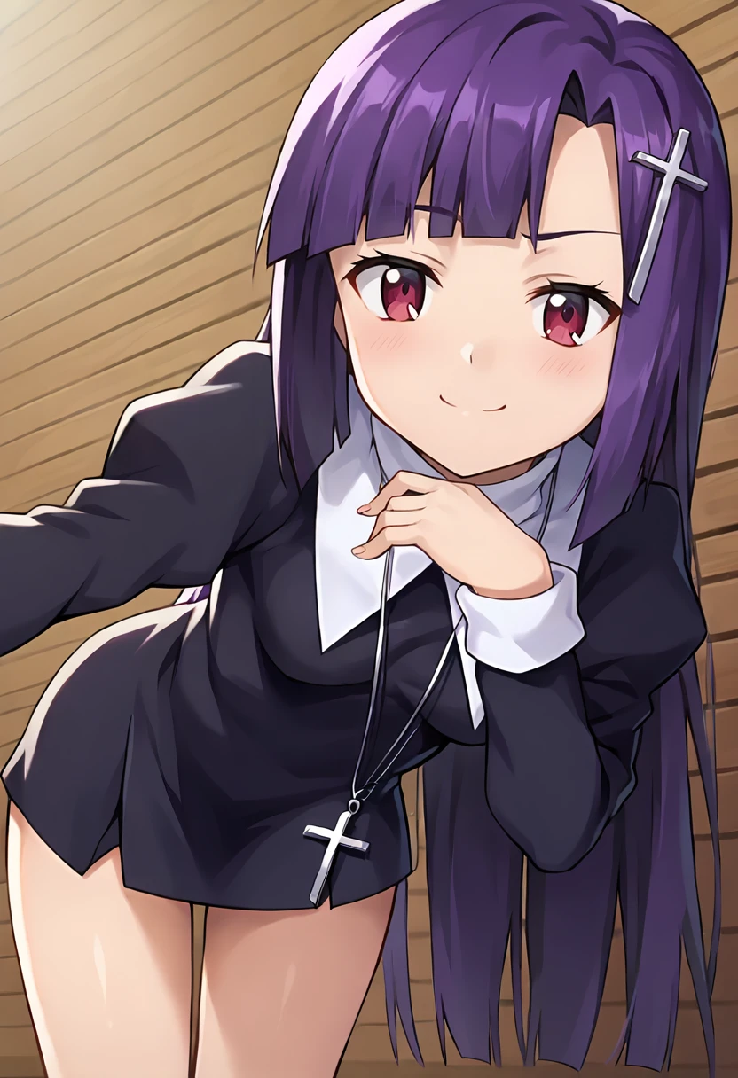 score_9, score_8_up, score_7_up, masterpiece, source_anime 1girl, ct_zange, purple hair, long hair, cross hair ornament, black dress, white turtleneck, long sleeves, cross necklace, looking at viewer, indoors, wooden wall, cowboy shot, shiny skin, smug, from below, leaning forward, hand on chest, <lora:Zange_Pony_ct:1>