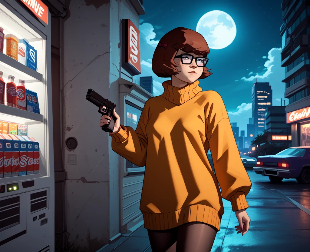 score_9, score_8_up, score_7_up, score_6_up, velma-dinkley, 1girl, glasses, solo, short hair, brown hair, sweater, leather jacket, cyberpunk, city, vending machine, black tights, handgun, night, moon, cloudy sky, dark, asian, freckles, 
 <lora:Expressive_H:.5> <lora:Recreational_Vehicle_Interior_BG:1> <lora:ponyxl-deep_penetration-concept-v01-000005:.5>  <lora:Mystery_Incorporated_Velma_Dinkley:1>