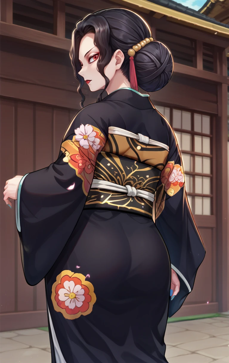 score_9,score_8_up,score_7_up BREAK <lora:muzan:1>,muzanFEMALE,1girl,black hair,red eyes,hair ornament,red lips,long sleeves,blue nails,japanese clothes,wide sleeves,kimono,hair bun,sash,obi,floral print,single hair bun,black kimono,furisode,cowboy shot,from behind, looking back,