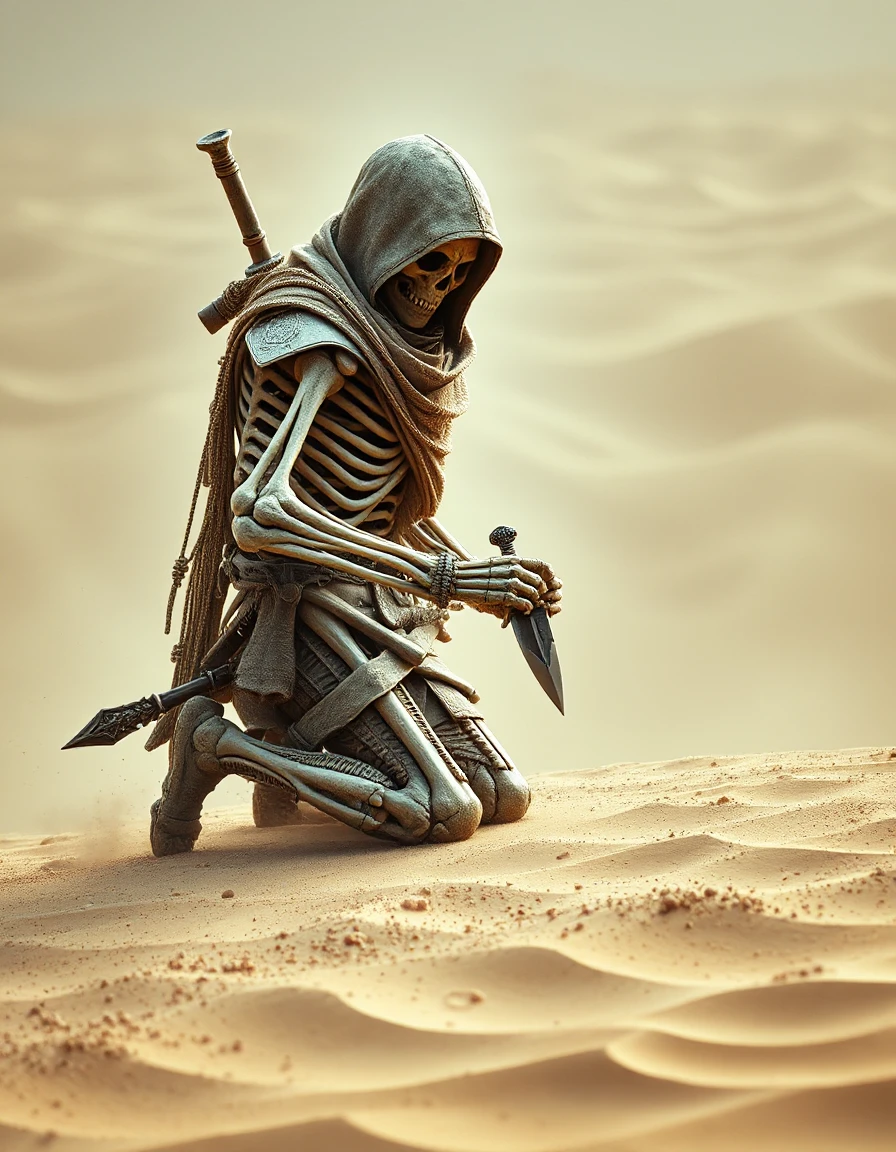 rogue assassin made of shifting sands, kneeling warrior in the style of Dan Hillier, holding small dagger, harnessing the power of the bones, on the path of no return, sandstorm, abstract, neofuturism, attention to details, Photorealistic, Hyperrealistic, Hyperdetailed, analog style, soft lighting, subsurface scattering, realistic, heavy shadow
 <lora:Bones_by_Dever_Flux_-_EXP:1>