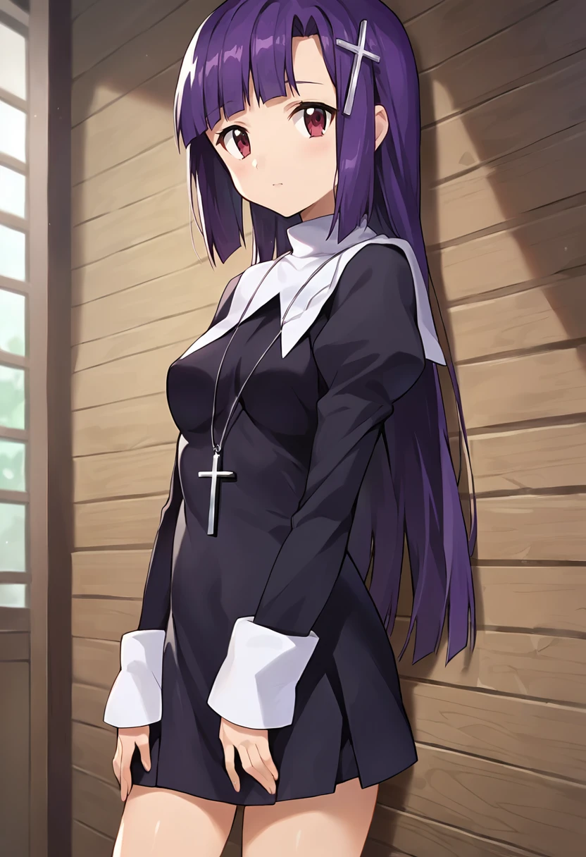 score_9, score_8_up, score_7_up, masterpiece, source_anime 1girl, ct_zange, purple hair, long hair, cross hair ornament, black dress, white turtleneck, long sleeves, cross necklace, looking at viewer, indoors, wooden wall, cowboy shot, shiny skin, <lora:Zange_Pony_ct:1>