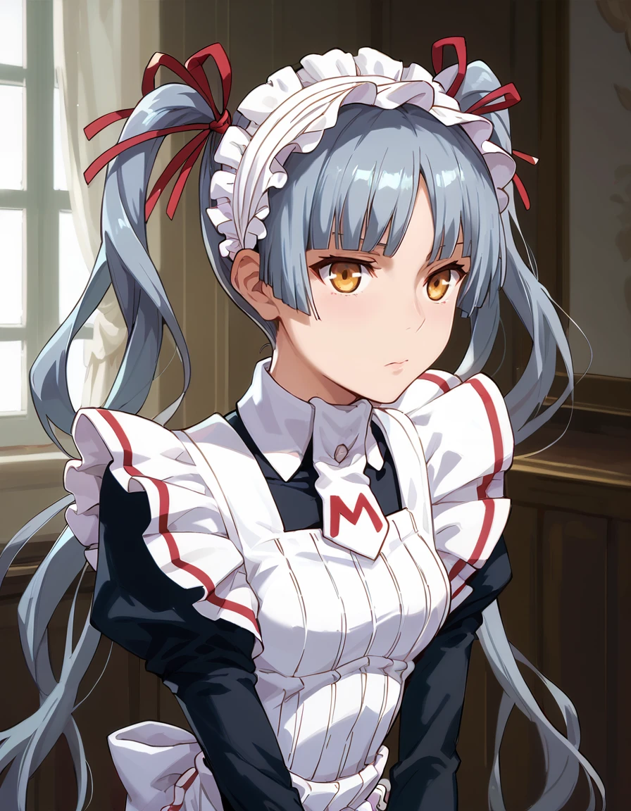 score_9, score_8_up, score_7_up, postcard, medium breasts, <lora:MatsurikaShinouji_v1:1>, shinouji matsurika, twintails, grey hair, maid headdress, maid apron, bloomers, hair ribbon, portrait, petite, leading lines, bedroom