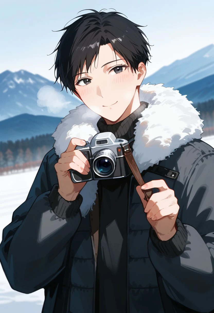 score_9, score_8_up, score_7_up, source_anime, rating_safe, holding camera, NozakiGSN, black Nozaki hair, black Nozaki eyes, 1boy, male focus, jacket, fur trim, goggles, winter clothes, smile, blush lines, white breath, looking at viewer, hands with five fingers, blurry outdoor snow mountain, dutch angle, realistic shading,