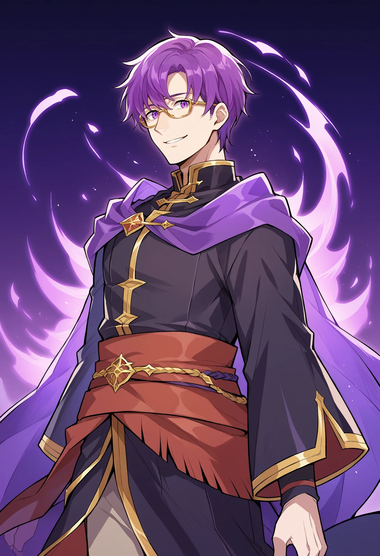 score_9,  score_6_up, source_anime, mlcns, 1boy, black robe, purple cape, purple eyes, purple hair, red sash, gold trim,  closed smile <lora:Canas-pdxl:1>,  bangs, glasses, solo