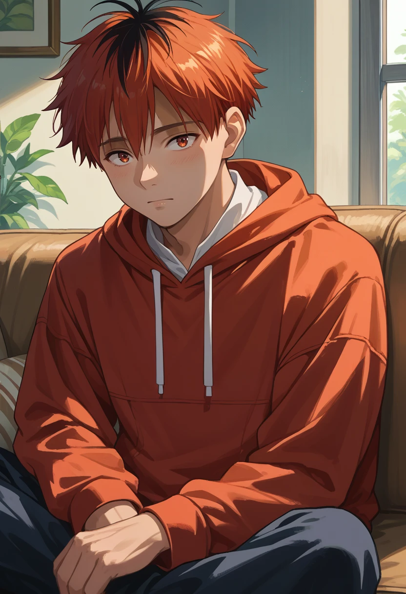 score_9, score_8_up, source_anime, 1boy, solo, StarkDefault, facial mark, multicolored hair, short hair, hoodie, sitting, indoors, on couch, <lora:ChamStarkPonyXL:1>