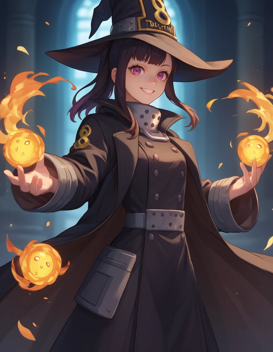 <lora:Maki Oze:1>, maki oze, 1girl, black coat , witch hat <lora:add-detail-xl:1>, cowboy shot, smile, score_9, score_8_up, score_7_up, source_anime,