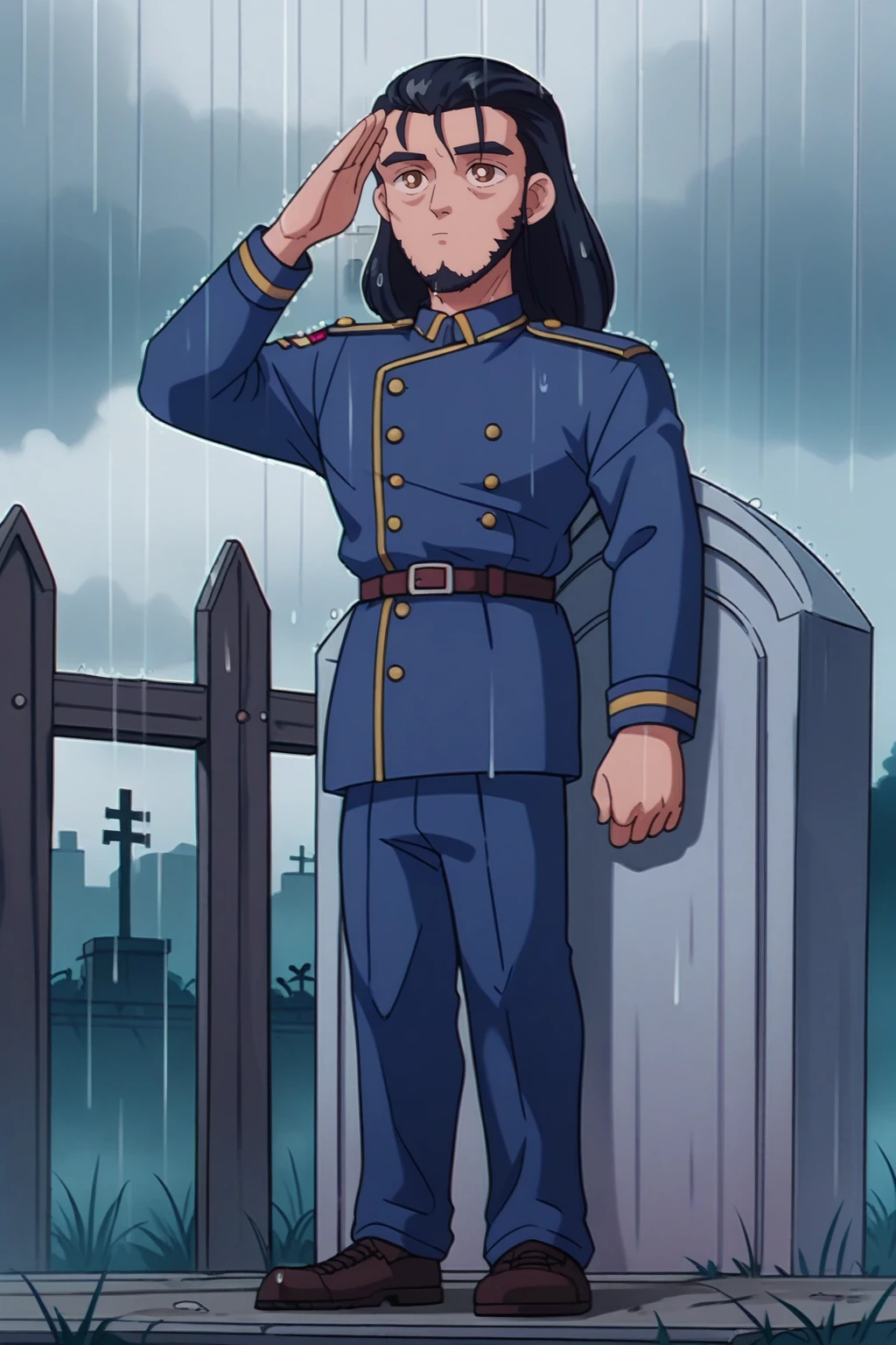 score_9, score_8_up, 1boy, solo <lora:NSAaditPortia:0.7> NSAaditPortia, male focus, long hair, black hair, facial hair, brown eyes, thick eyebrows, military uniform, expressionless face, shaded face, looking at the viewer, blue uniform, full body, military salute, raining, dark clouds, single tear, looking up, cap, graveyard