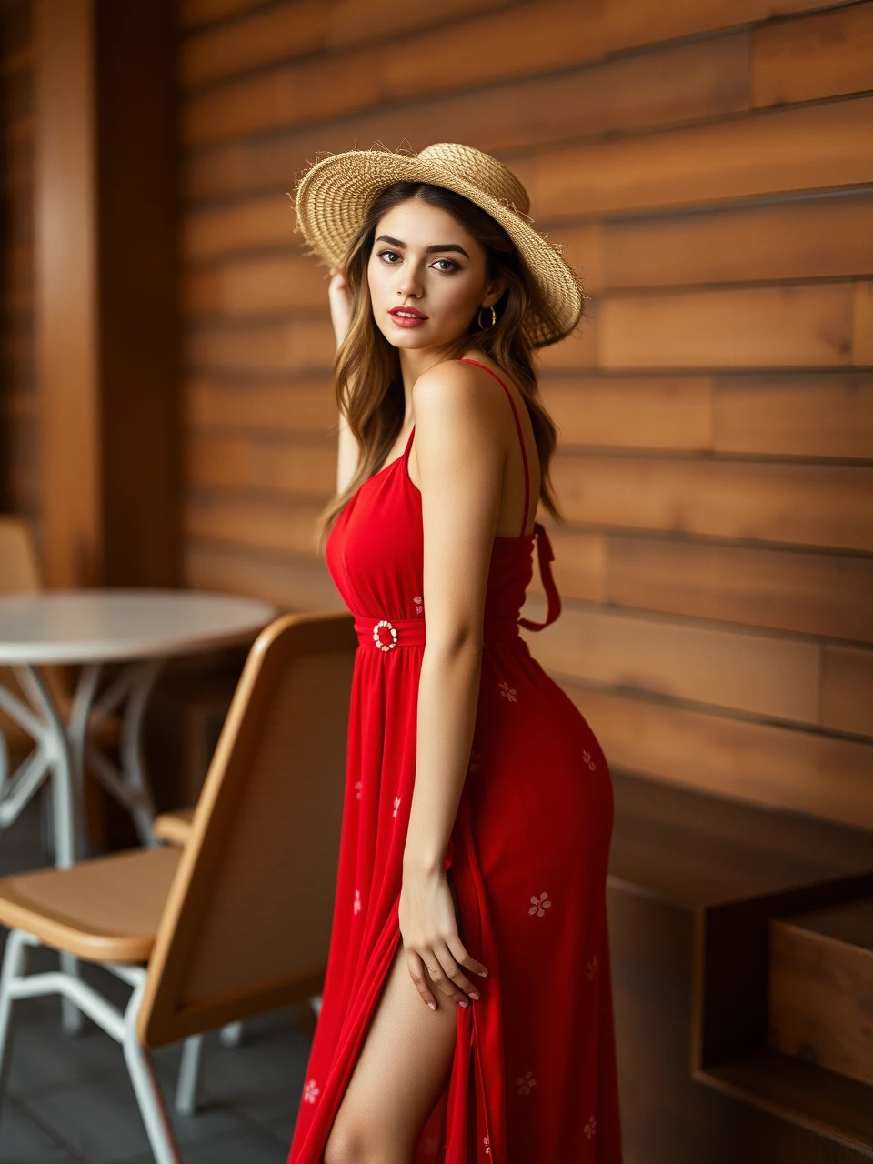 supermodel in red summerdress