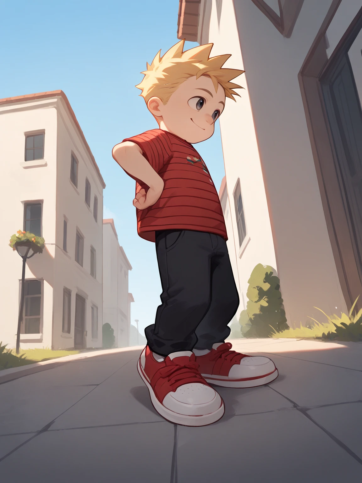 score_9, score_8_up, score_7_up, score_6_up, score_5_up, score_4_up, source_anime , <lora:CalvinAH:1>,calvinah, 1boy, male focus, solo, blonde hair, chibi, full body, striped shirt, black pants, red and white shoes,,smiling, <lora:Smooth Anime Style LoRA XL:1>,(young:1.1),side view,skipping,outside,, ((Low-Angle Shot))