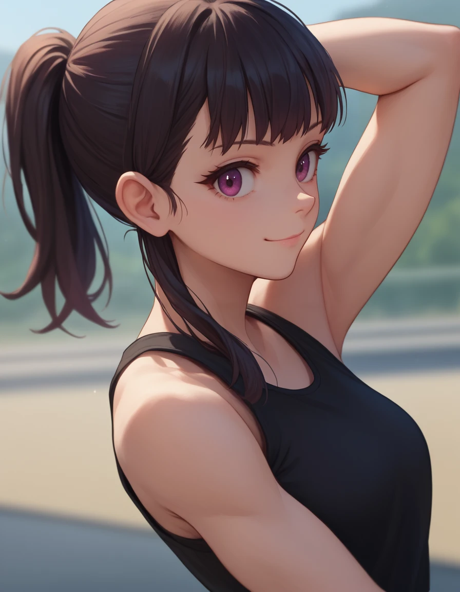 <lora:Maki Oze:1>, maki oze, 1girl, smiling, black sleeveless shirt, closed mouth, depth of field, one arm behind head, score_9, score_8_up, score_7_up, source_anime,