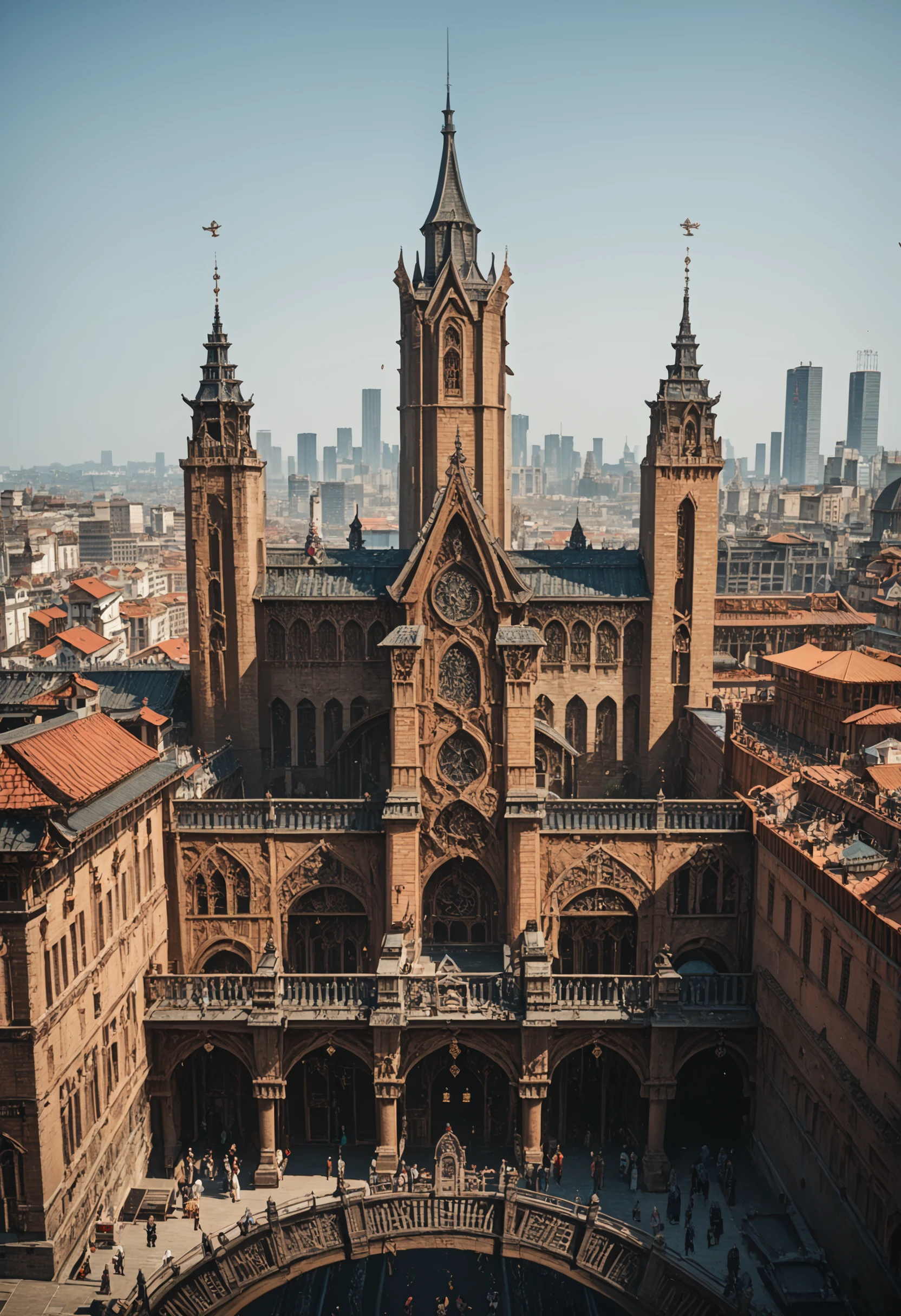 1boy, architecture, brick wall, bridge, building, castle, church, city, cityscape, earrings, east asian architecture, elf, hat, jewelry, male focus, pointy ears, scenery, skyscraper, solo, tower, wings Score_PnyReal