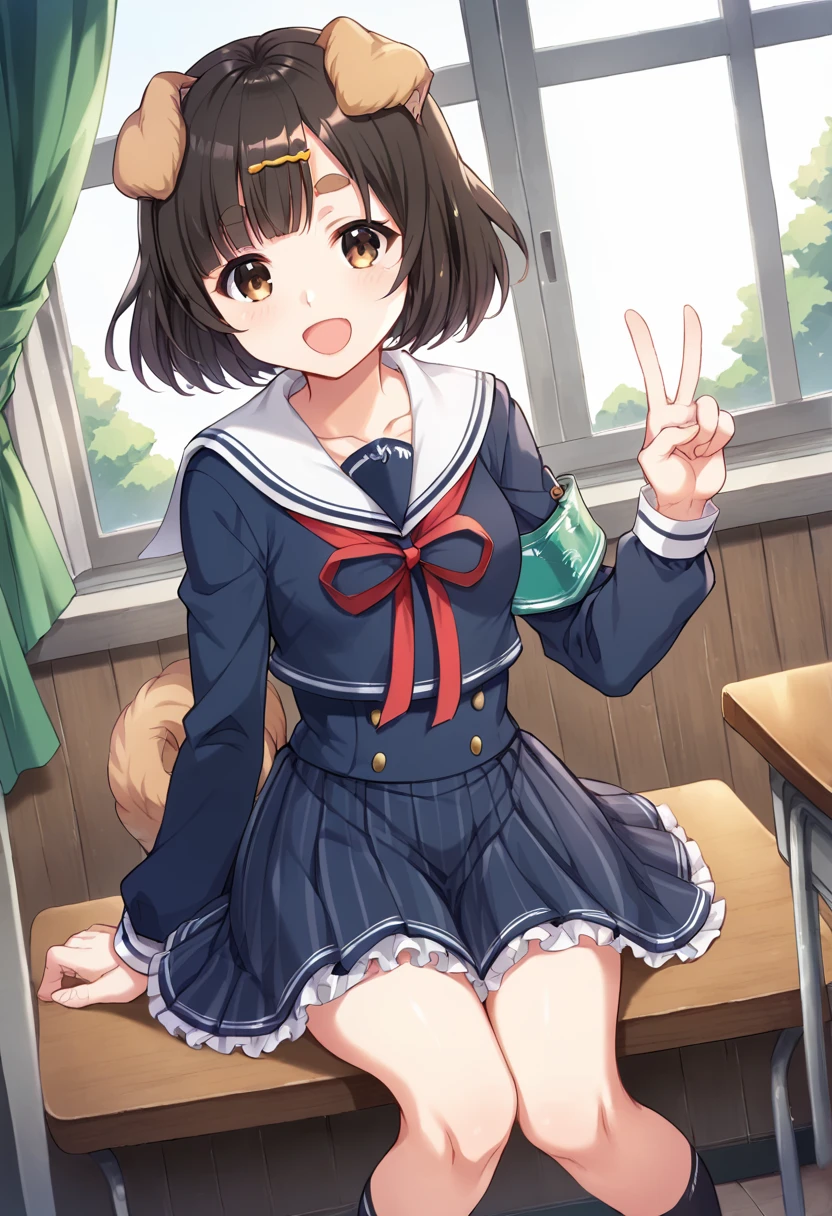 score_9,score_8_up,score_7_up,source_anime,masterpiece,best quality,game cg,1girl,solo,little_girl,small_breasts,sitting_on_chair,shibarin_(show_by_rock!!),brown eyes,thick eyebrows,short hair,brown hair,black hair,hair ornament,hairclip,dog ears,dog tail,school uniform,neck ribbon,skirt,serafuku,long sleeves,sailor collar,shirt,pleated skirt,armband,frills,frilled skirt,blue shirt,blue skirt,<lora:shibarinSB69:1>,looking_at_viewer,smile,knees_together_feet_apart,open mouth,v,dynamic_angle,window,