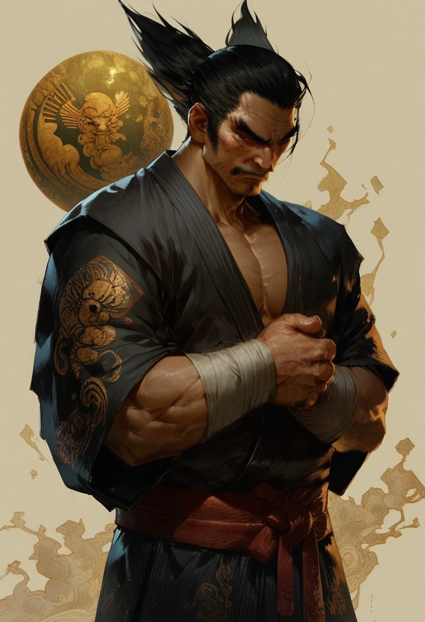 (score_9, score_8_up, score_7_up), score_6, score_5, score_4, 1 man, heihachi, black Dougi, black hair, standing with his arms folded in an ancient shotokan dojo,