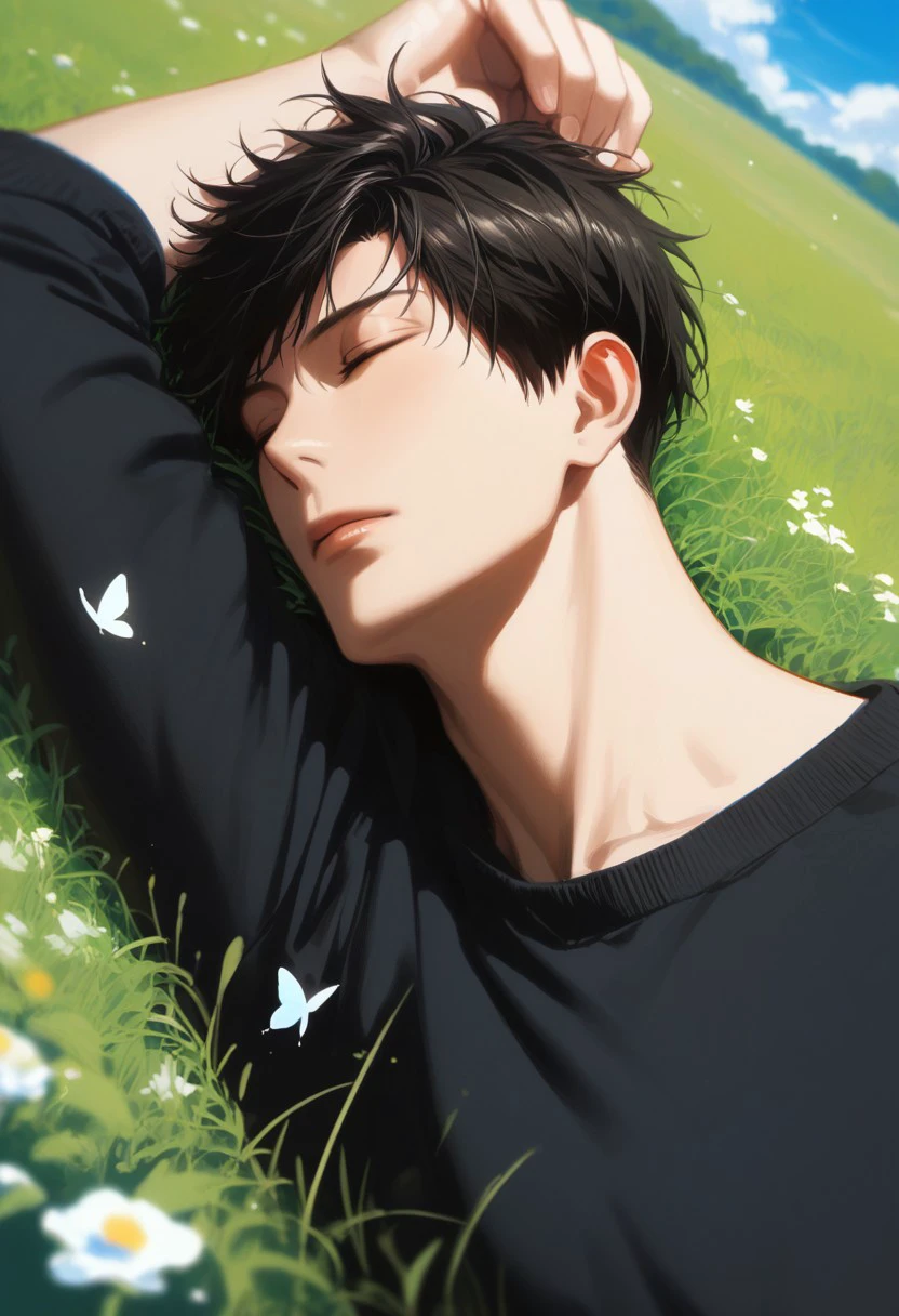 score_9, score_8_up, score_7_up, source_anime, rating_safe, tall grass, white flowers, NozakiGSN, (black Nozaki hair), closed eyes, 1boy, male focus, lying, sleeping, parted lips, arms up, blurry outdoor hill side, clear sky, few butterflies, dutch angle, realistic shading, cinematic, foreground blur,