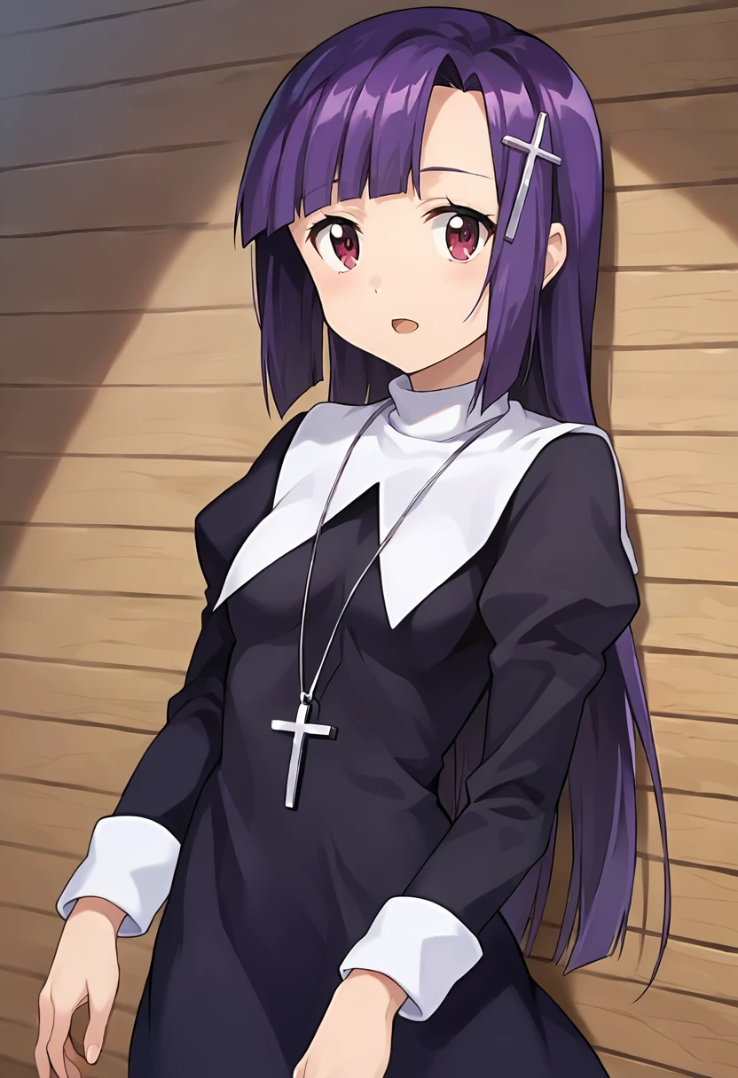 score_9, score_8_up, score_7_up, masterpiece, source_anime 1girl, ct_zange, purple hair, long hair, cross hair ornament, black dress, white turtleneck, long sleeves, cross necklace, looking at viewer, indoors, wooden wall, cowboy shot, shiny skin,<lora:Zange_Pony_ct:1>