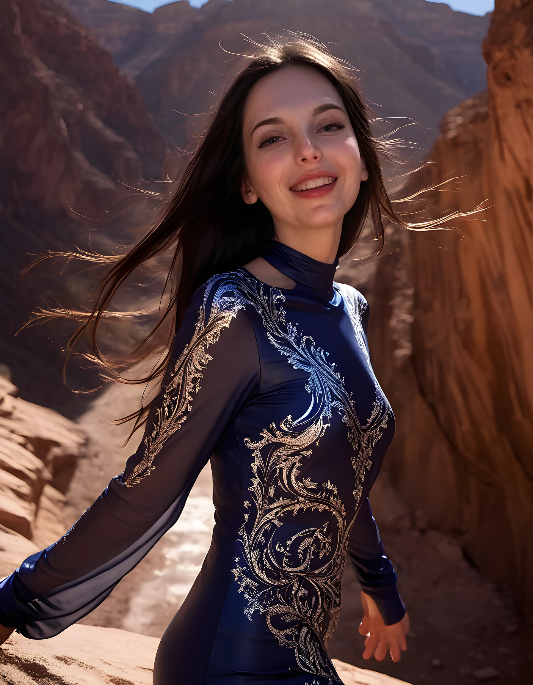 In a desolate, sun-drenched desert canyon, the captivating visage of S0PH13L, a woman with a radiant smile and freckles that dance across her delicate features, comes into focus. Her long, black hair cascades down her back like a waterfall, catching the golden light as it filters through the narrow canyon walls. She wears a unique outfit - a high-necked, form-fitting, long-sleeved dress in a rich, deep blue, adorned with intricate silver patterns that glint in the sun. Her small, yet well-defined breasts are modestly covered, and her hands rest casually on her hips, striking a confident pose reminiscent of classic cowboy shots. The camera angles down from above, capturing her lips - full and painted a vibrant red - closed in a subtle smile, adding an air of mystery to the image. The backdrop is a worn, weathered tile wall that stretches up into the distance, hinting at the vastness of the canyon beyond. Her eyes, a striking contrast against her dark hair and clothing, sparkle with life as she gazes off into the horizon, embodying a sense of adventure and freedom in this surreal, beautiful landscape.