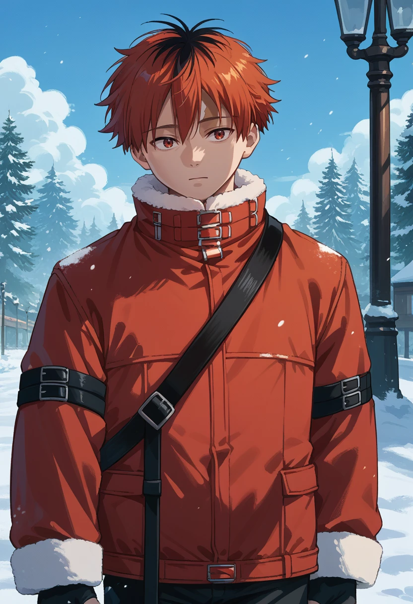 score_9, score_8_up, source_anime, 1boy, solo, StarkWntr, facial mark, multicolored hair, short hair, black gloves, winter clothes, red coat, fur trim, fingerless gloves, arm belt, black pants, outdoors, snow, winter, <lora:ChamStarkPonyXL:1>