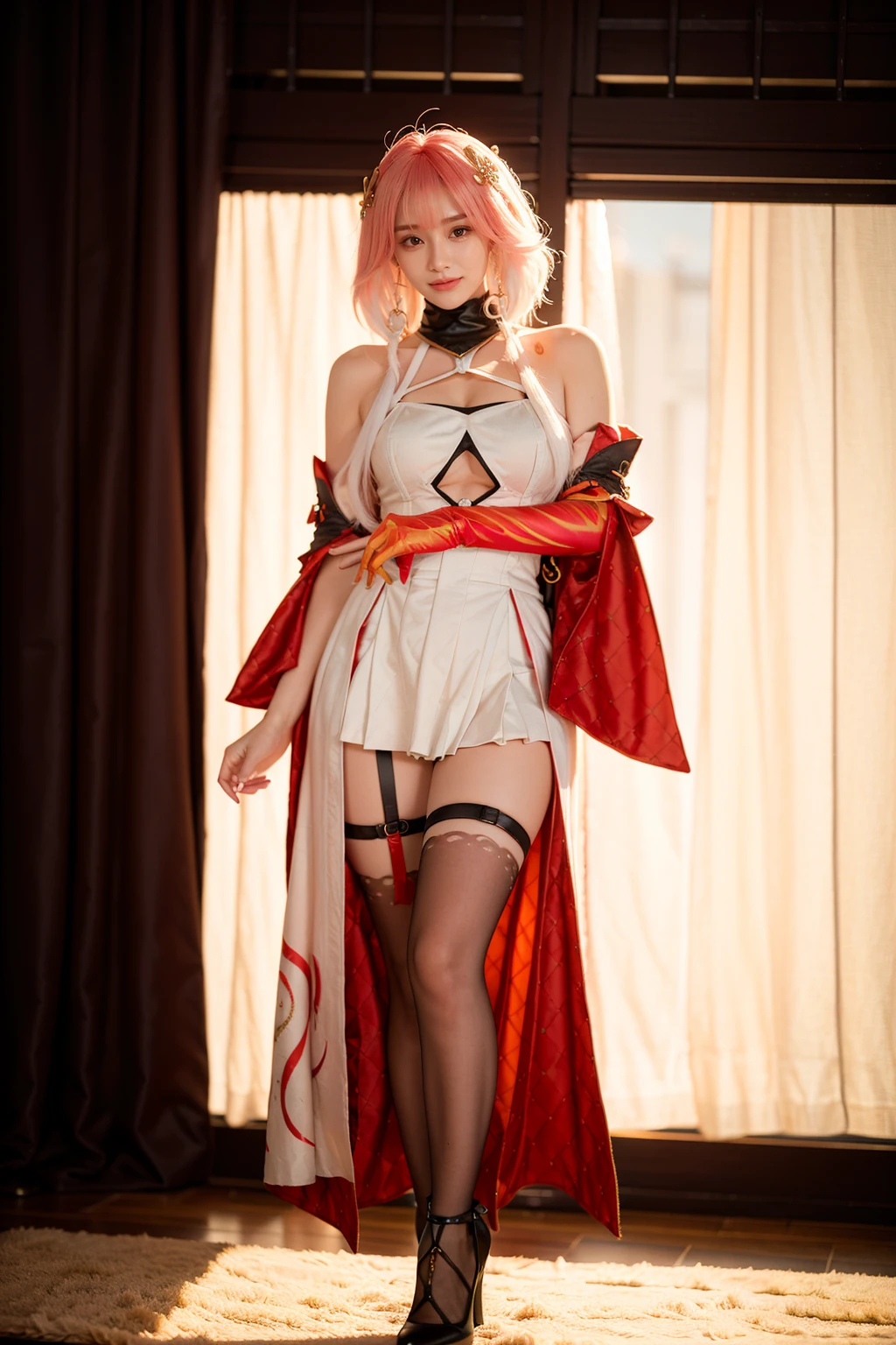 realistic,photorealistic,best quality,masterpiece,highres,8k,RAW photo,ultra-detailed,full body,1girl,solo,smile,looking at viewer,standing,changli cosplay costume,changli,cosplay,gradient hair,multicolored hair,pink hair,white hair,long hair,dress,bare shoulders,clothing cutout,cleavage cutout,thighhighs,thigh strap,detached sleeves,wide sleeves,single glove,elbow gloves,hair ornament,high heels,<lora:WutheringWaves_Changli_cosplay_costume_v1:0.7>,