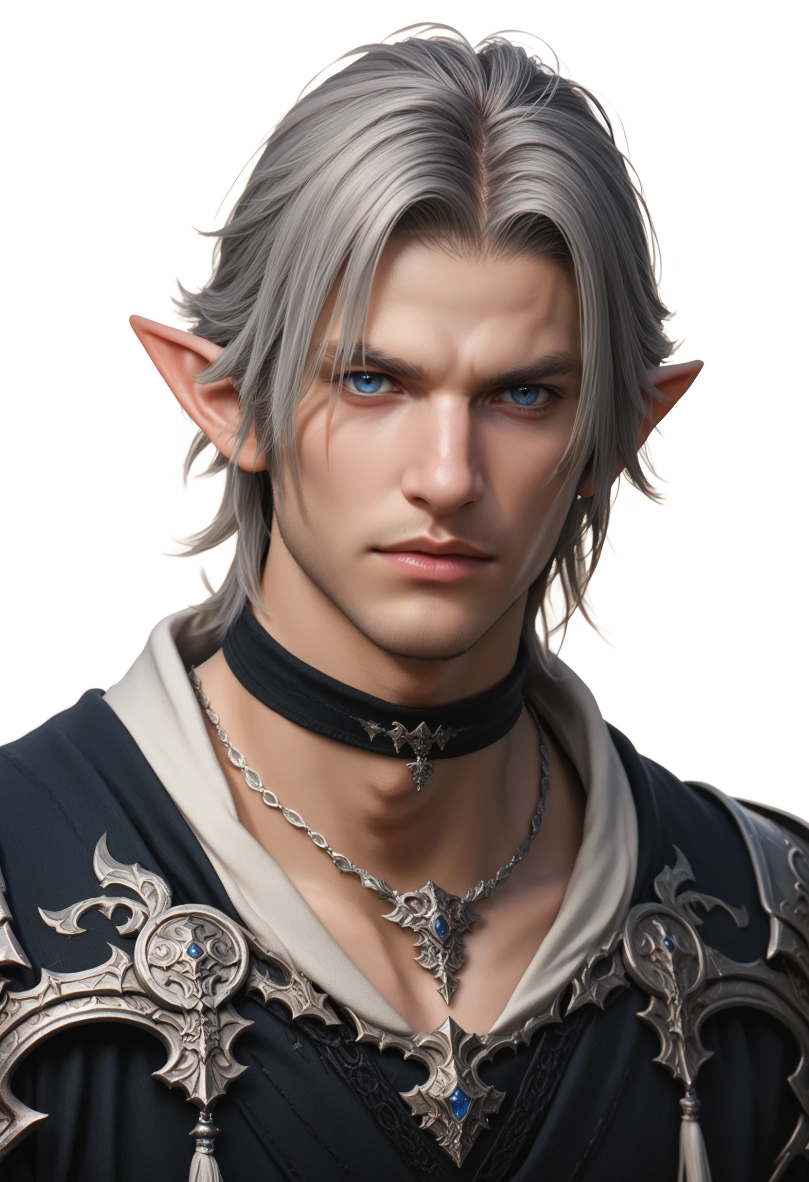 solo, pointy ears, elf, white background, elezen, jewelry, male focus, blue eyes, simple background, upper body, 1boy, looking at viewer, grey hair, armor, necklace, choker, lips, final fantasy xiv, fantasy, Score_PnyReal