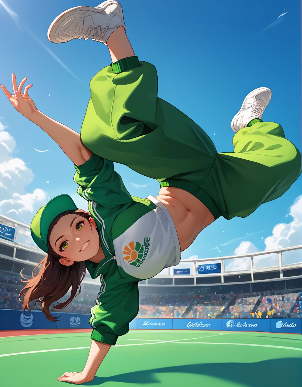 score_9, score_8_up, score_7_up, vibrant color, <lora:bdancepxl:0.9>, bdancepxl, 1girl, doing a handstand, one-handed stand, breakdance pose, pov, motion, white sneakers, green and yellow tracksuit, baggy pants, green cap, team Australia, olympics