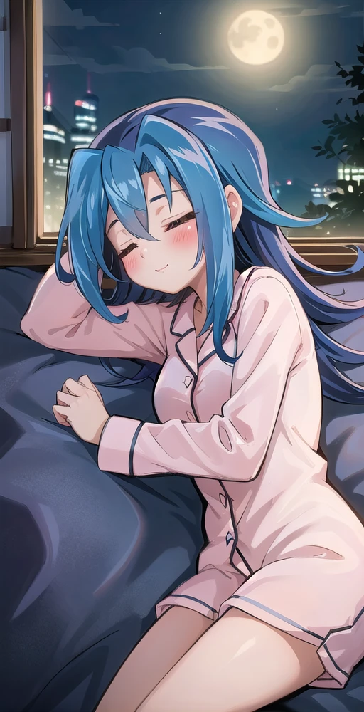 RK, 1girl, solo, blue hair, long hair, closed eyes, lying on bed, sleeping, pajamas, blush, happy, indoors, night, moonlight through window, perfect quality, good quality, masterpiece, HDR, UHD, <lora:Rio Kastle:0.6>