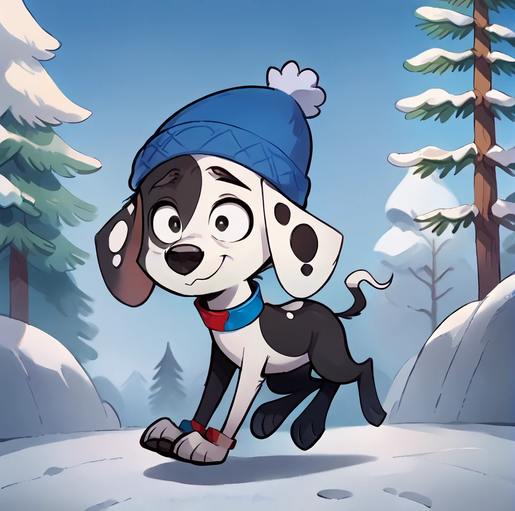 score_9, score_8_up, score_7_up, score_6_up, score_5_up, score_4_up, <lora:deepak101dalmatianstreet2:1>, deepakdog, solo,  outside, trees, snow, 1boy, hat, white background, animal ears, full body, male focus, closed mouth, happy expression, collar, running,  furry, blue headwear, wide-eyed, beanie, furry male, dog, multicolored collar, black and white fur, dog ears, spots <lora:Smooth Anime Style LoRA XL:1> <lora:CitronAnimeTreasure:1>, black eyes,