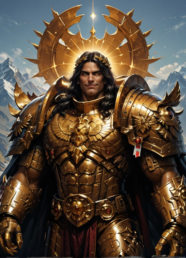 mature adult,illustration,beautiful detailed eyes,best quality,highly detailed,masterpiece,ultra-detailed,illustration,long hair,olive skin,full armor,muscular,god-like physique,golden armor,
1 man,light smile,yellow eyes,EMPEROR OF MANkind,score_9,score_8_up,score_7_up,score_6_up,score_5_up,<lora:Emperor:0.7>,Standing on mountain top,mountainous horizon,sky,